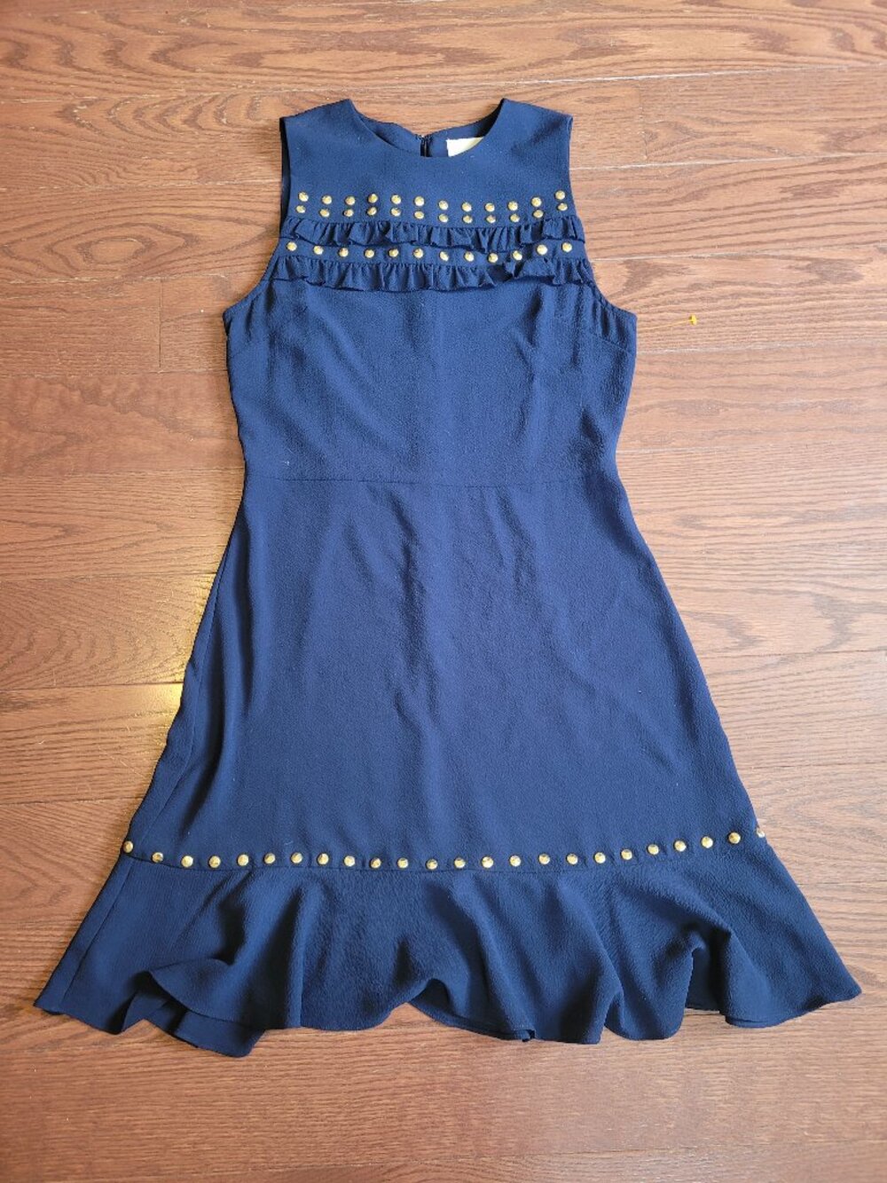 Michael Kors Navy  Sleeveless Shift Dress Studded Neckline and Flounce Hem